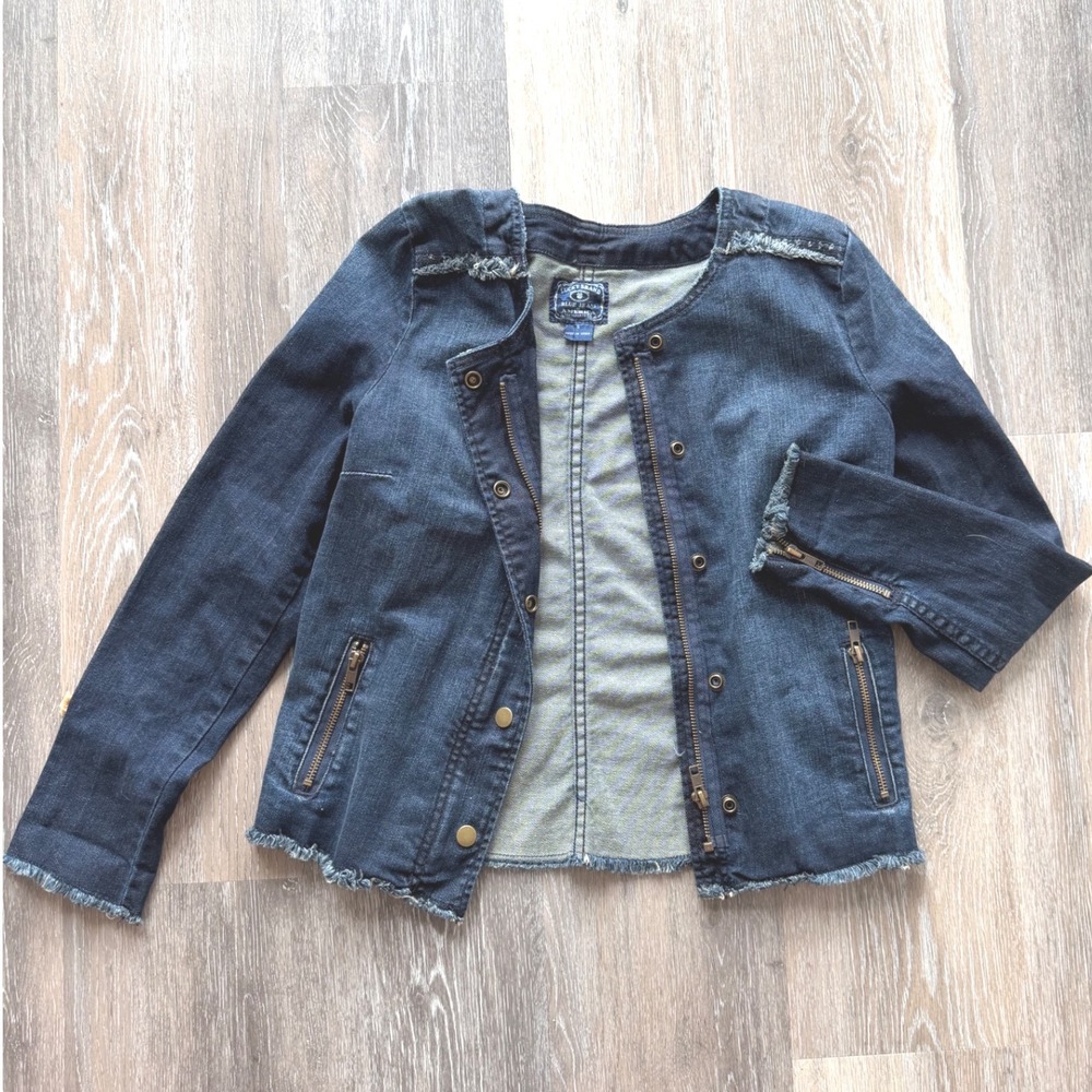 Lucky Brand Adamson Dark Wash Frayed Denim Jacket Moto Zip Womens Size S Small - Picture 2 of 11